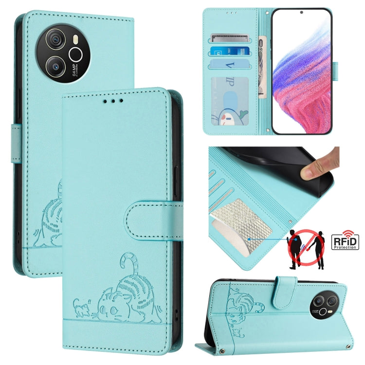 For Blackview Shark 8 Cat Rat Embossed Pattern RFID Leather Phone Case with Lanyard(Mint Green) - More Brand by PMC TechLife | Online Shopping South Africa | PMC TechLife | Buy Now Pay Later Mobicred