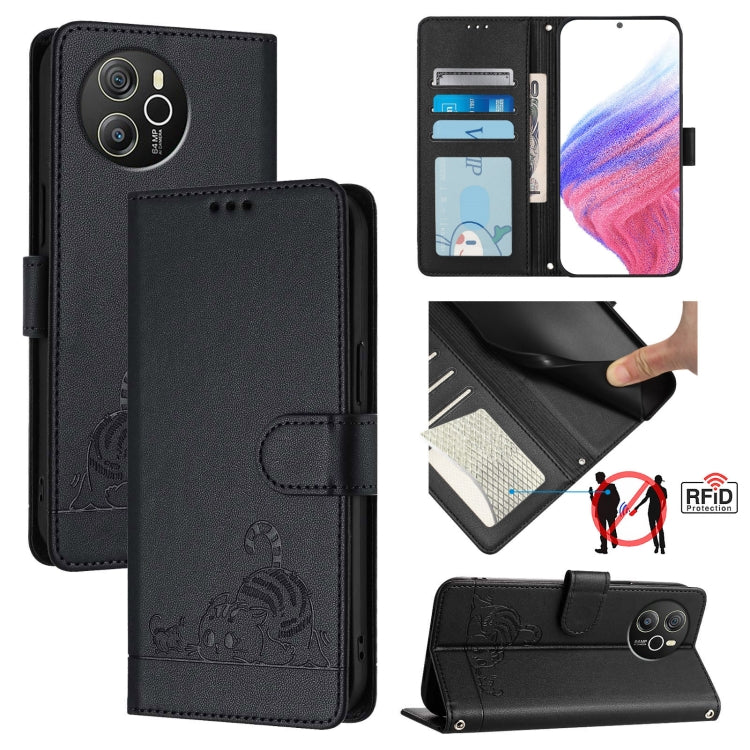For Blackview Shark 8 Cat Rat Embossed Pattern RFID Leather Phone Case with Lanyard(Black) - More Brand by PMC TechLife | Online Shopping South Africa | PMC TechLife | Buy Now Pay Later Mobicred