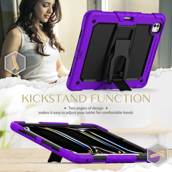 For iPad Pro 13 2024 Silicone Hydric PC Tablet Case with Shoulder Strap & Holder(Purple)