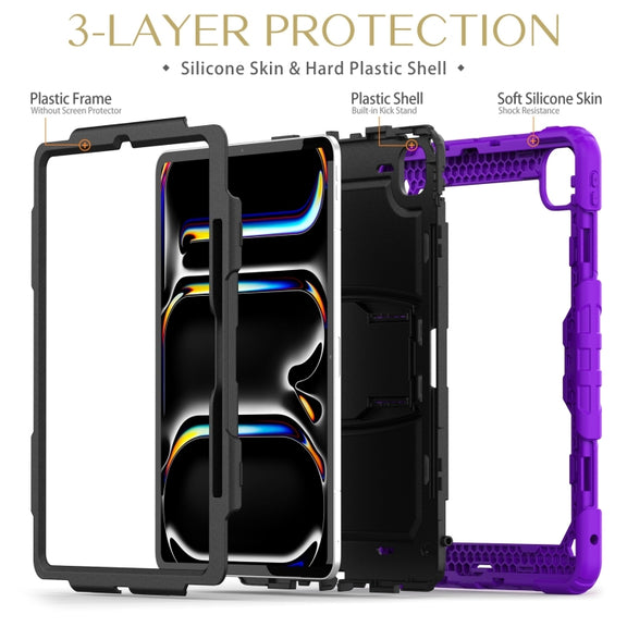 For iPad Pro 13 2024 Silicone Hydric PC Tablet Case with Shoulder Strap & Holder(Purple)