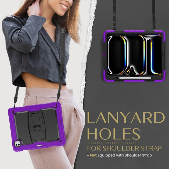 For iPad Pro 13 2024 Silicone Hydric PC Tablet Case with Shoulder Strap & Holder(Purple)