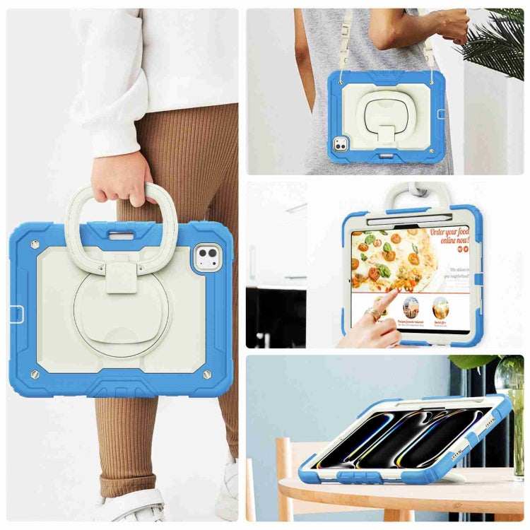 For iPad Pro 11 2024 Handle Silicone Hydric PC Tablet Case with Shoulder Strap(Beige Cyan-blue) - iPad Pro 11 2024 Cases by PMC TechLife | Online Shopping South Africa | PMC TechLife | Buy Now Pay Later Mobicred