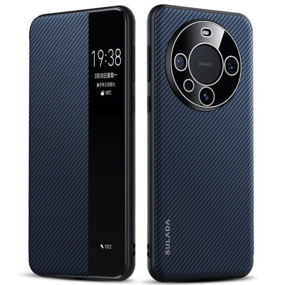 For Huawei Mate 60 SULADA Kevlar 600D Texture Smart Window Leather Phone Case(Blue)