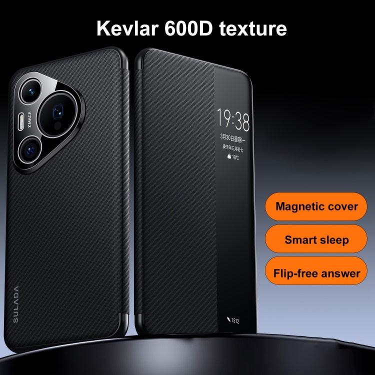 For Huawei Mate 60 SULADA Kevlar 600D Texture Smart Window Leather Phone Case(Blue)