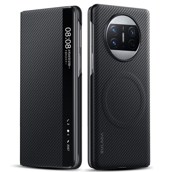 For Huawei Mate X3 SULADA Kevlar 600D Texture Smart Window Leather Phone Case(Black)