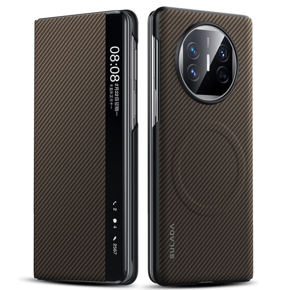 For Huawei Mate X5 SULADA Kevlar 600D Texture Smart Window Leather Phone Case(Brown)