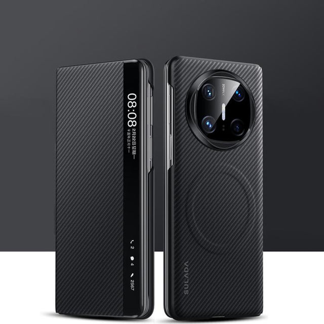 For Huawei Mate X6 SULADA Kevlar 600D Texture Smart Window Leather Phone Case(Black)