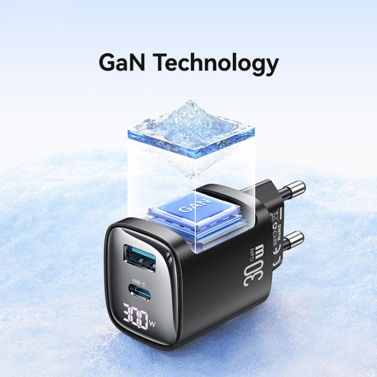 USAMS CC229 30W USB+USB-C / Type-C Dual Port GaN Digital Display Charger, Specifications: EU Plug(Black)