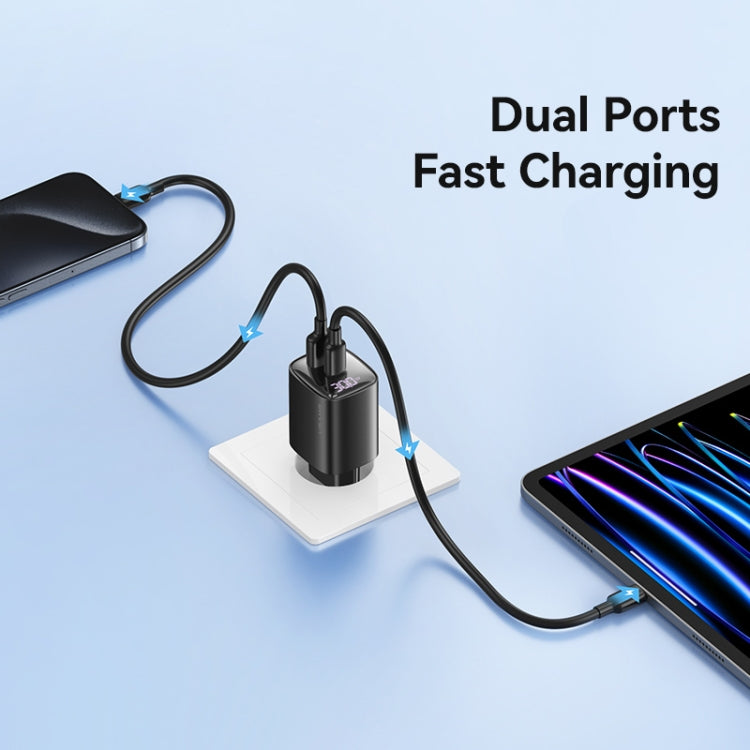 USAMS CC229 30W USB+USB-C / Type-C Dual Port GaN Digital Display Charger, Specifications: EU Plug(Black)