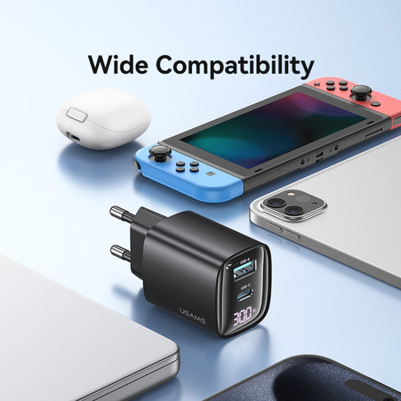 USAMS CC229 30W USB+USB-C / Type-C Dual Port GaN Digital Display Charger, Specifications: EU Plug(Black)