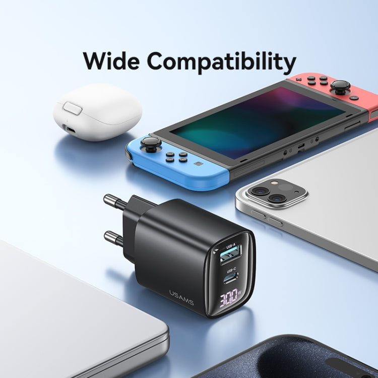 USAMS CC229 30W USB+USB-C / Type-C Dual Port GaN Digital Display Charger, Specifications: EU Plug(Black)