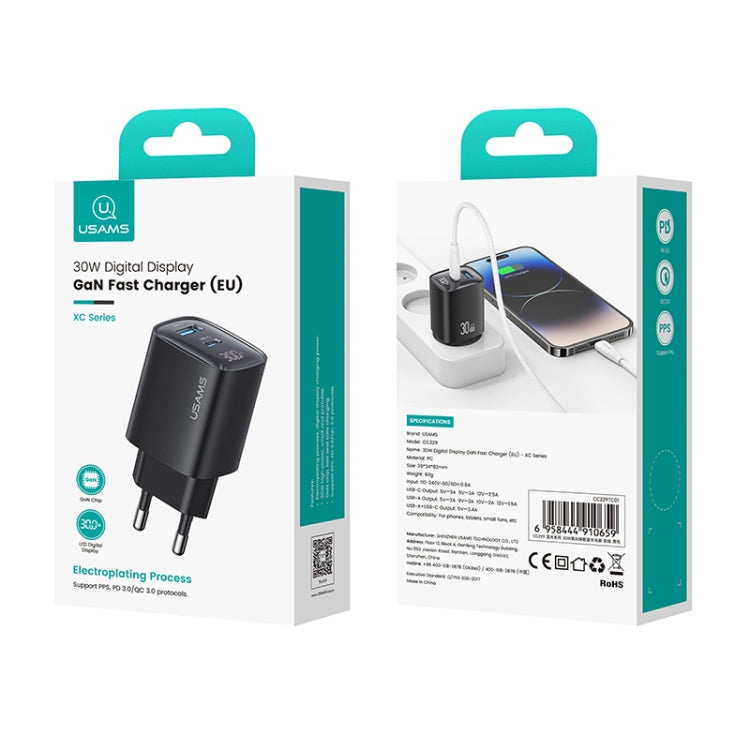 USAMS CC229 30W USB+USB-C / Type-C Dual Port GaN Digital Display Charger, Specifications: EU Plug(Black)