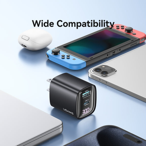 USAMS CC230 30W USB+USB-C / Type-C Dual Port GaN Digital Display Charger, Specifications: US Plug(Black)