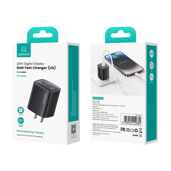 USAMS CC230 30W USB+USB-C / Type-C Dual Port GaN Digital Display Charger, Specifications: US Plug(Black)