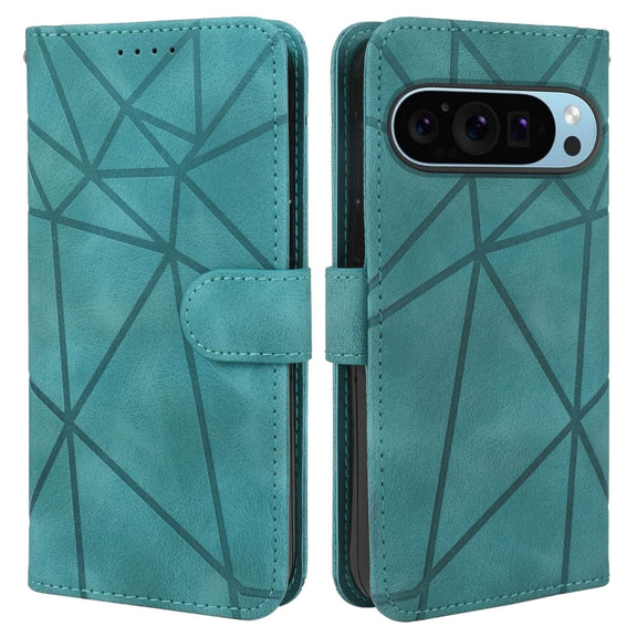 For Google Pixel 9 Pro XL Skin Feel Geometric Lines Leather Phone Case(Green)