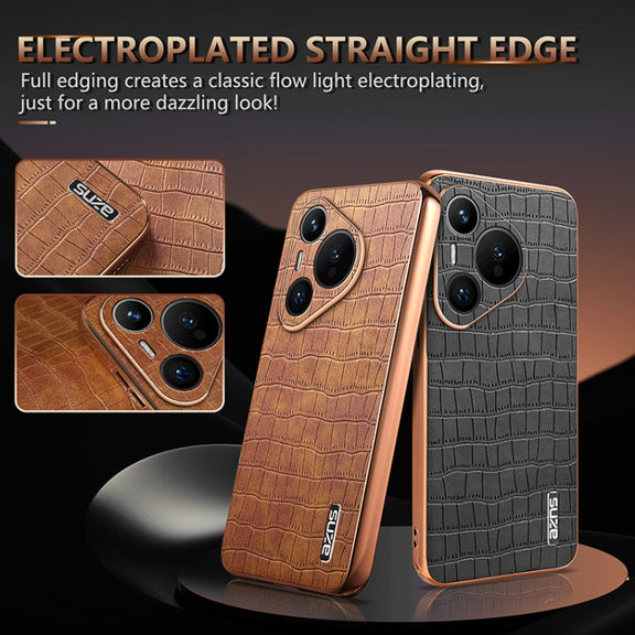 For Huawei Pura 70 AZNS Electroplated Frame Crocodile Texture Full Coverage Phone Case(Brown)