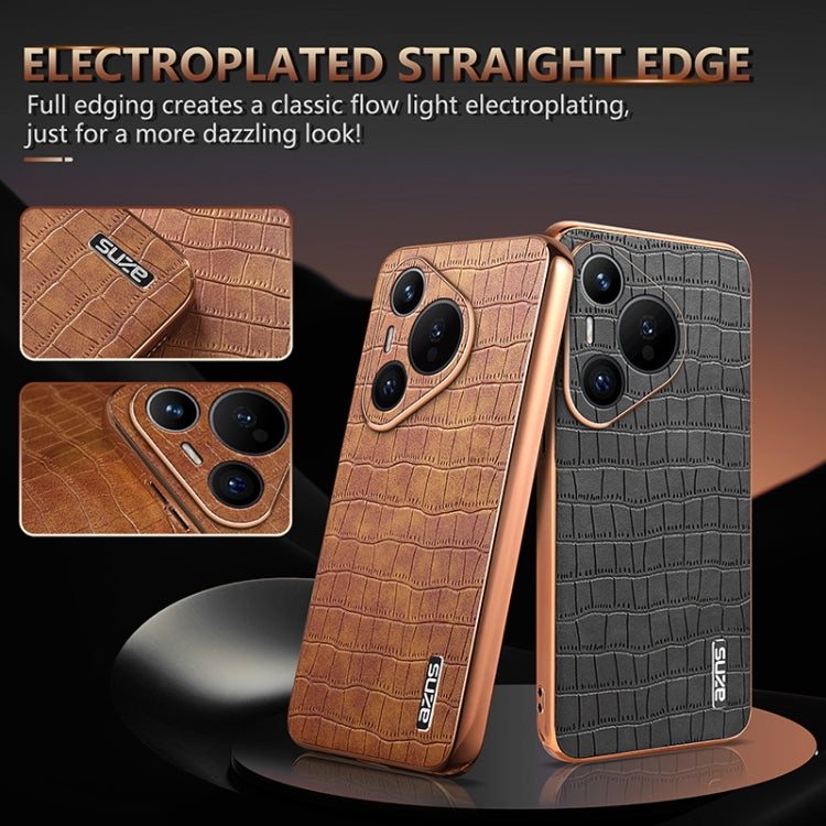 For Huawei Pura 70 AZNS Electroplated Frame Crocodile Texture Full Coverage Phone Case(Brown)