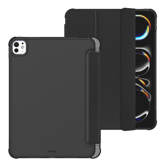 For iPad Pro 11 2024 Tri-fold Holder TPU Cover Frosted Leather Smart Tablet Case withh Pen Slot(Black)