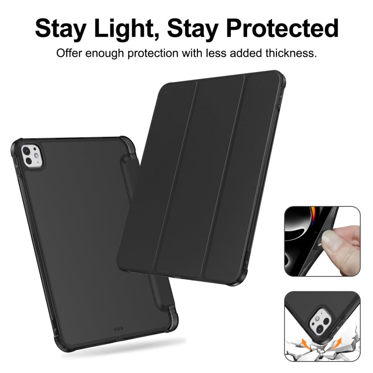 For iPad Pro 11 2024 Tri-fold Holder TPU Cover Frosted Leather Smart Tablet Case withh Pen Slot(Black)