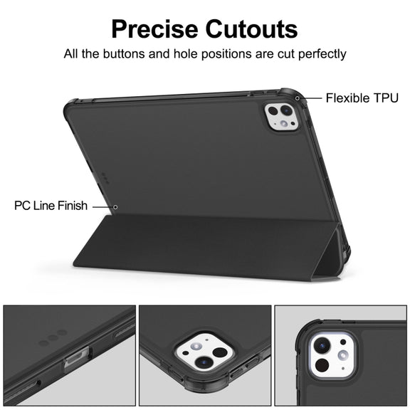 For iPad Pro 11 2024 Tri-fold Holder TPU Cover Frosted Leather Smart Tablet Case withh Pen Slot(Black)