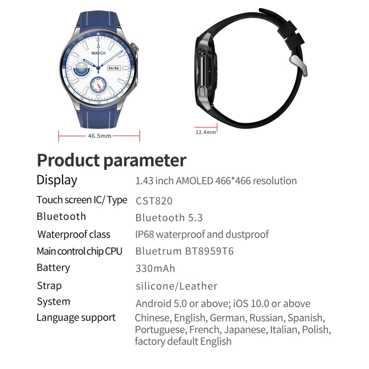 HD Watch X 1.43 inch IP68 BT5.3 Sport Smart Watch, Support Bluetooth Call / Sleep / Blood Oxygen / Heart Rate / Blood Pressure Health Monitor(Black Steel + Black Silicone Strap)