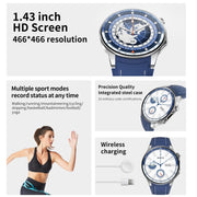 HD Watch X 1.43 inch IP68 BT5.3 Sport Smart Watch, Support Bluetooth Call / Sleep / Blood Oxygen / Heart Rate / Blood Pressure Health Monitor(Blue Leather + Blue Silicone Strap)