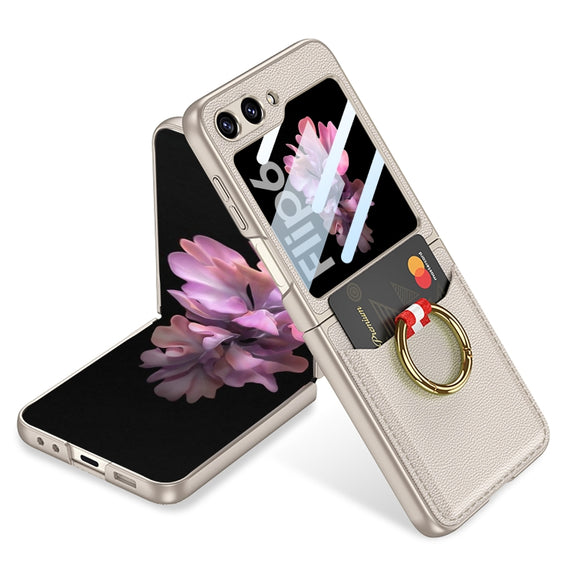 For Samsung Galaxy Z Flip6 GKK Integrated Ultra-thin Leather Card Slots Phone Case with Ring Holder(Titanium Gray)