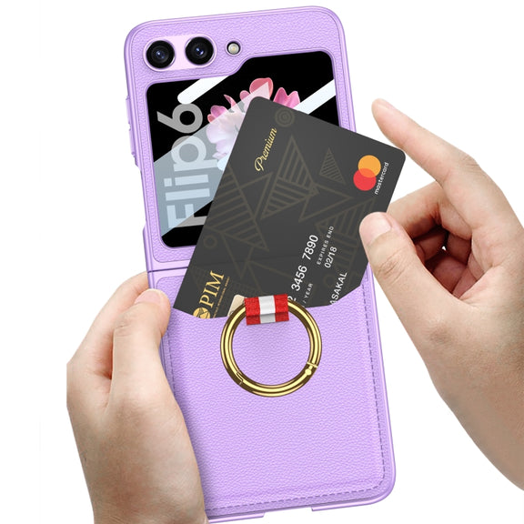 For Samsung Galaxy Z Flip6 GKK Integrated Ultra-thin Leather Card Slots Phone Case with Ring Holder(Carbon Fiber Black)