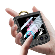 For Samsung Galaxy Z Flip6 GKK Integrated Ultra-thin Leather Card Slots Phone Case with Ring Holder(Carbon Fiber Black)