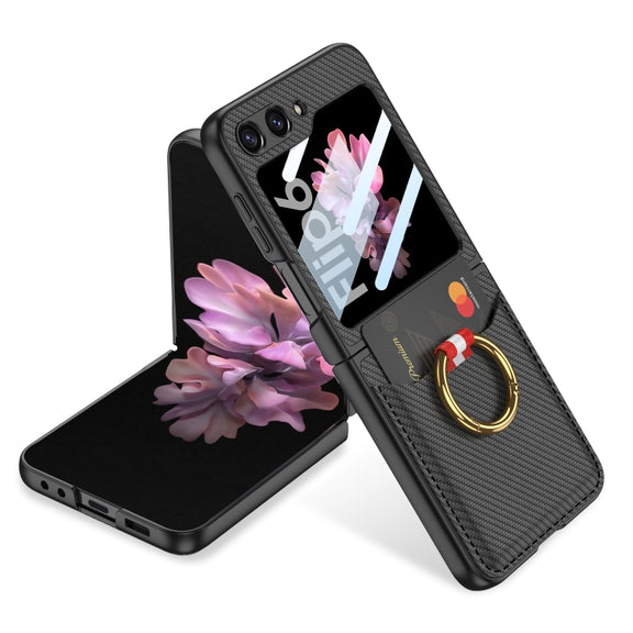For Samsung Galaxy Z Flip6 GKK Integrated Ultra-thin Leather Card Slots Phone Case with Ring Holder(Carbon Fiber Black)