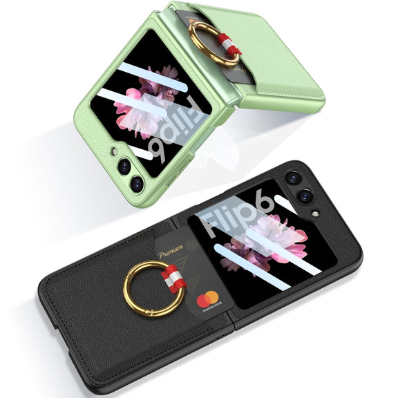For Samsung Galaxy Z Flip6 GKK Integrated Ultra-thin Leather Card Slots Phone Case with Ring Holder(Carbon Fiber Black)