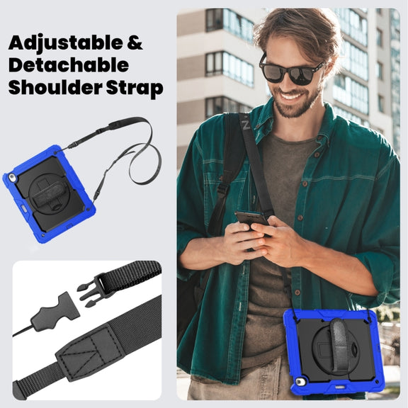 For iPad Air 13 2025 / 2024 Turntable Holder Silicone Hybrid PC Tablet Case with Shoulder Strap(Black + Dark Blue)