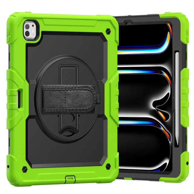 For iPad Pro 13 2024 Silicone Hybrid PC Tablet Case with Shoulder Strap(Black + Yellow Green)