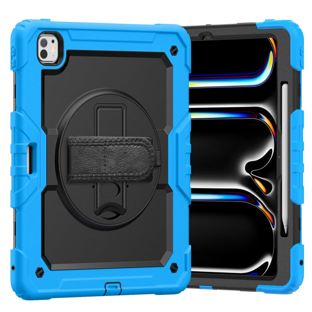 For iPad Pro 13 2024 Silicone Hybrid PC Tablet Case with Shoulder Strap(Black + Light Blue)