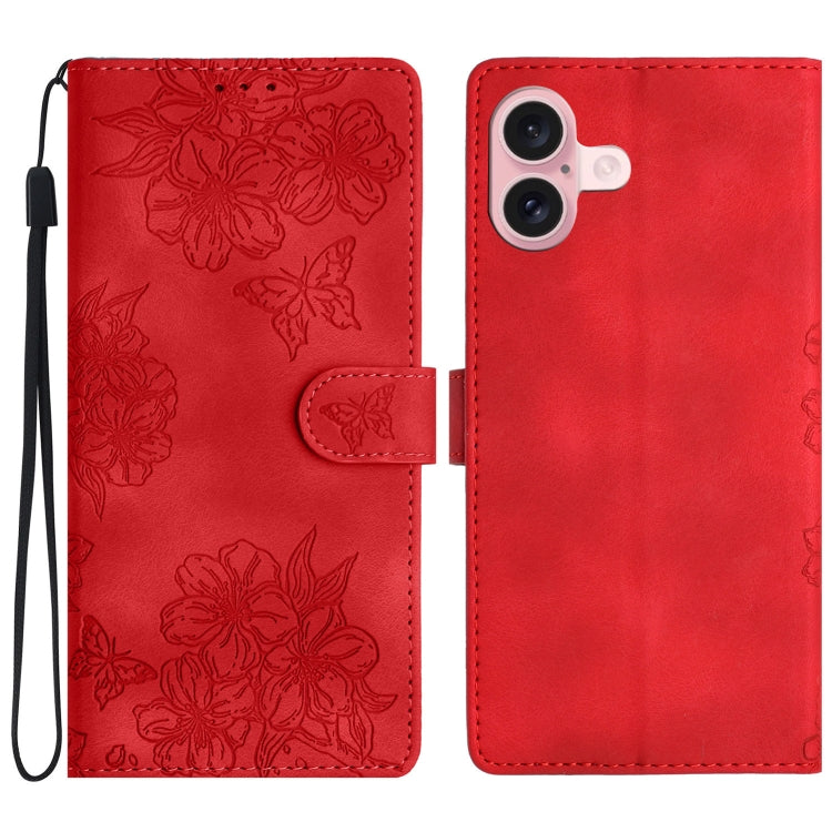 For iPhone 16 Plus Cherry Blossom Butterfly Skin Feel Embossed PU Phone Case(Red) - free shipping - PMC TechLife - Order now!