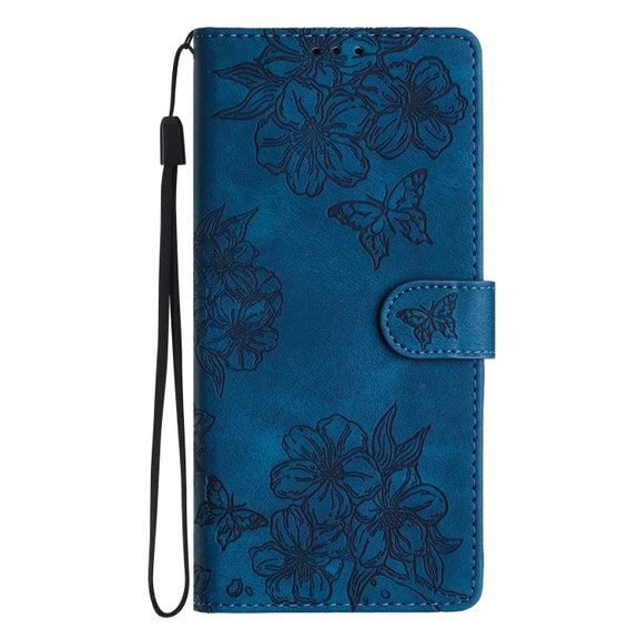 For iPhone 16 Pro Cherry Blossom Butterfly Skin Feel Embossed PU Phone Case(Blue)