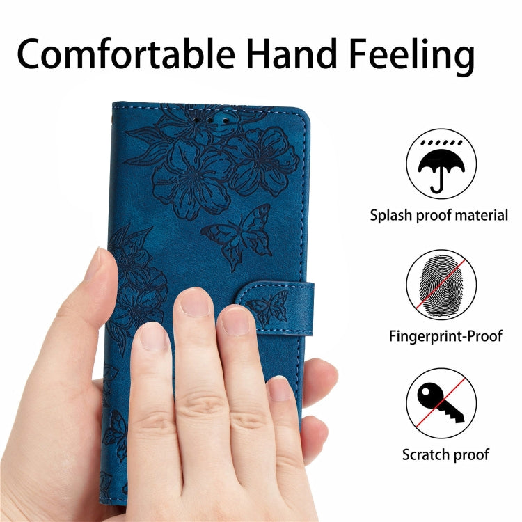 For iPhone 16 Pro Cherry Blossom Butterfly Skin Feel Embossed PU Phone Case(Blue)