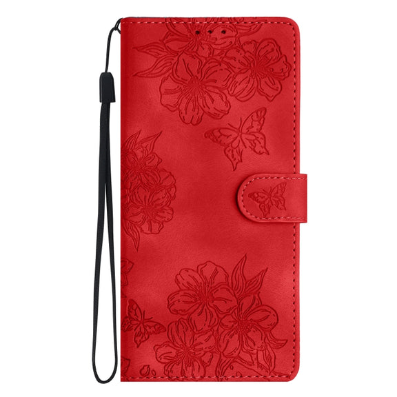 For iPhone 16 Pro Max Cherry Blossom Butterfly Skin Feel Embossed PU Phone Case(Red)
