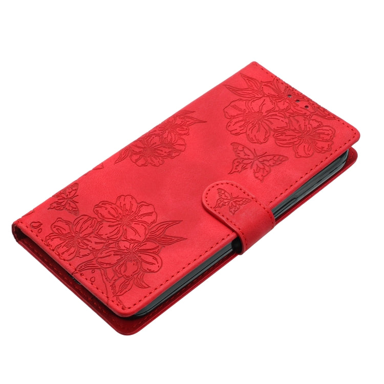 For iPhone 16 Pro Max Cherry Blossom Butterfly Skin Feel Embossed PU Phone Case(Red)
