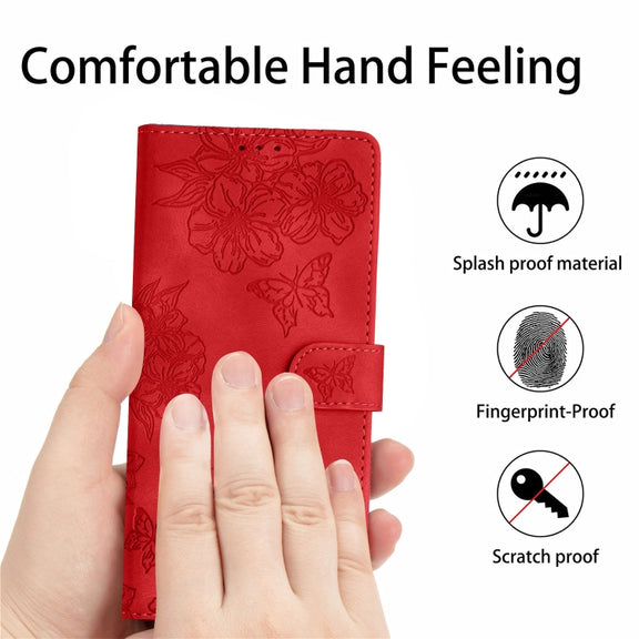 For iPhone 16 Pro Max Cherry Blossom Butterfly Skin Feel Embossed PU Phone Case(Red)