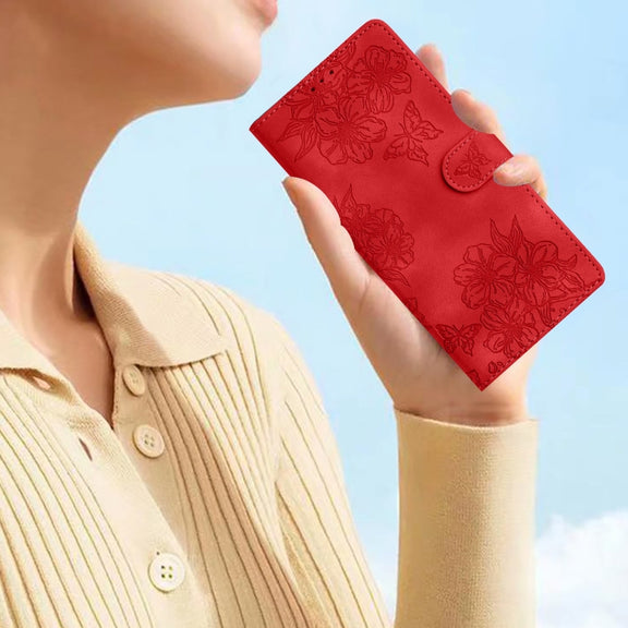For iPhone 16 Pro Max Cherry Blossom Butterfly Skin Feel Embossed PU Phone Case(Red)