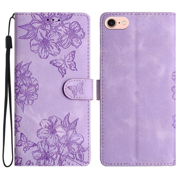 For iPhone 16e Cherry Blossom Butterfly Skin Feel Embossed PU Phone Case(Purple)