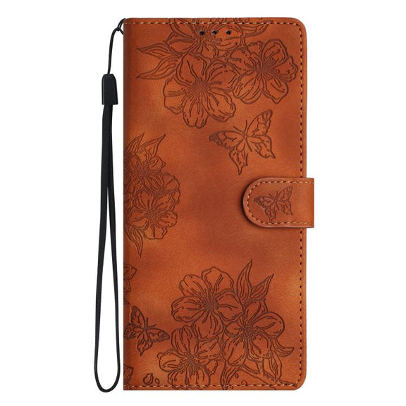 For iPhone 16e Cherry Blossom Butterfly Skin Feel Embossed PU Phone Case(Brown)