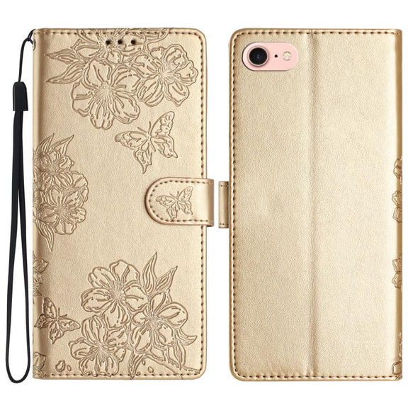 For iPhone 16e Cherry Blossom Butterfly Skin Feel Embossed PU Phone Case(Gold)