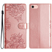 For iPhone 16e Cherry Blossom Butterfly Skin Feel Embossed PU Phone Case(Rose Gold)