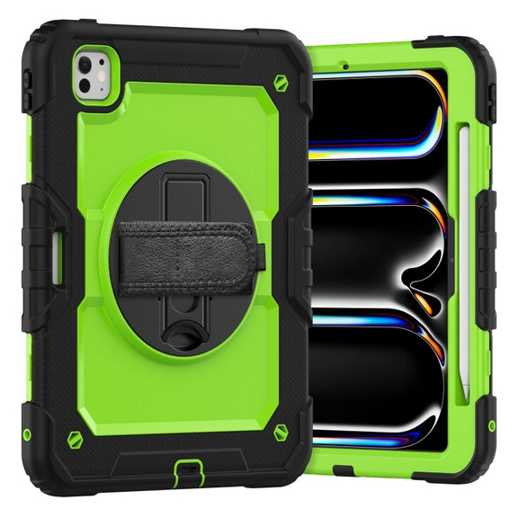 For iPad Pro 11 2024 Silicone Hybrid PC Tablet Case with Shoulder Strap(Yellow Green + Black)