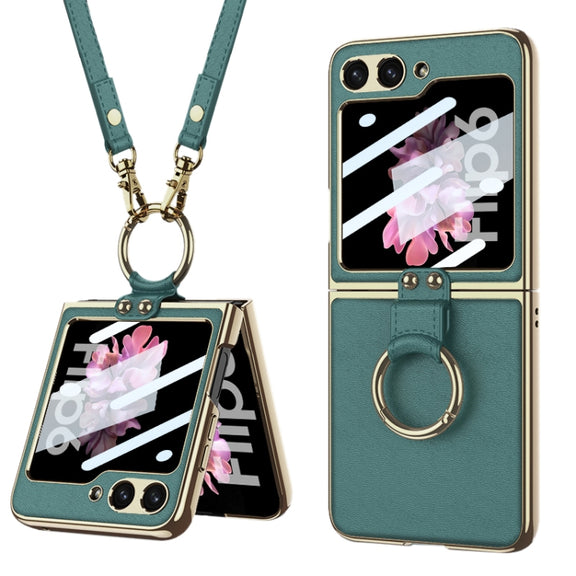 For Samsung Galaxy Z Flip6 / Flip7 FE GKK Integrated Electroplating Leather Phone Case with Ring/Strap(Green)