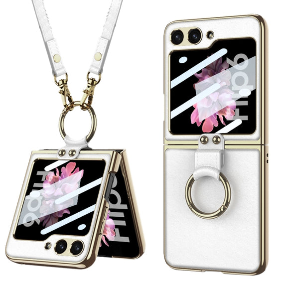 For Samsung Galaxy Z Flip6 GKK Integrated Electroplating Leather Phone Case with Ring/Strap(White)