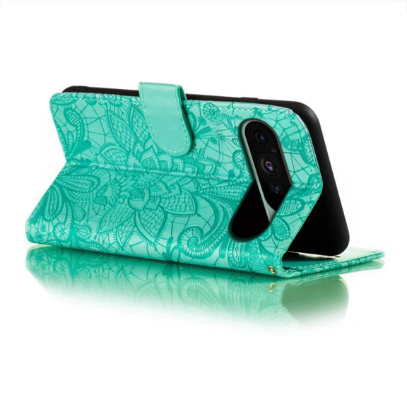 For Google Pixel 9 Lace Flower Embossing Flip Leather Phone Case(Green)