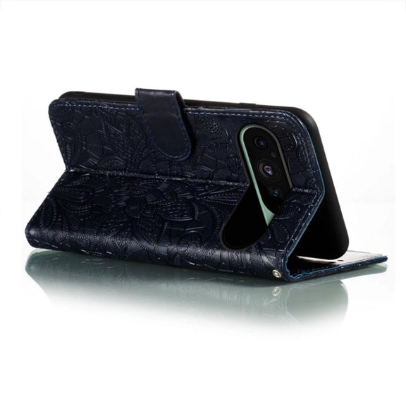 For Google Pixel 9 Lace Flower Embossing Flip Leather Phone Case(Dark Blue)